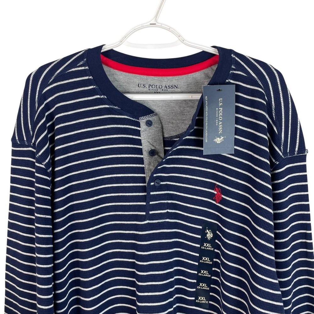 NEW US Polo Assn Mens Thermal Henley Shirt 2XL‎ Blue Striped L/S Stretch $50